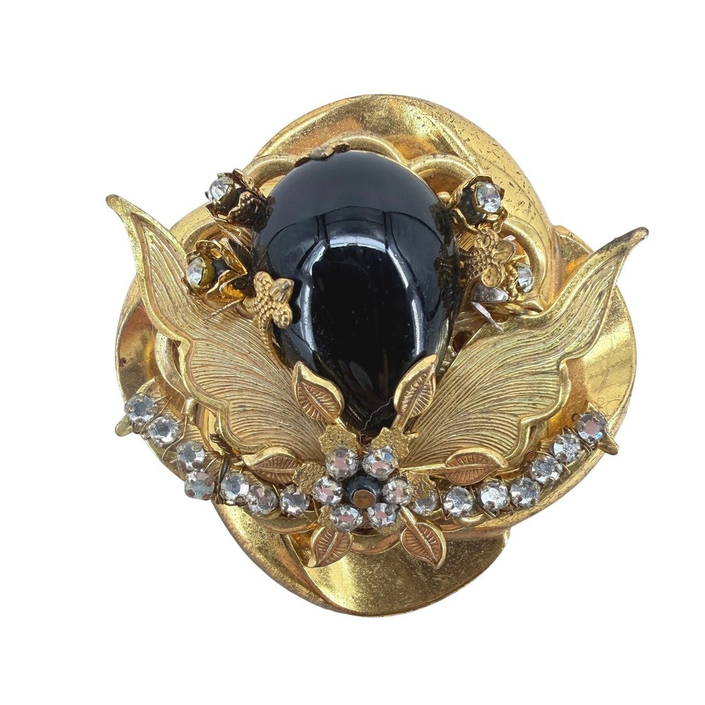 Stanley Hagler NYC Vintage Gold Tone Black Cabochon Winged Rhinestone Brooch Pin
